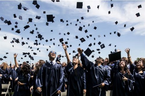 gradutes tossing their caps into the air
